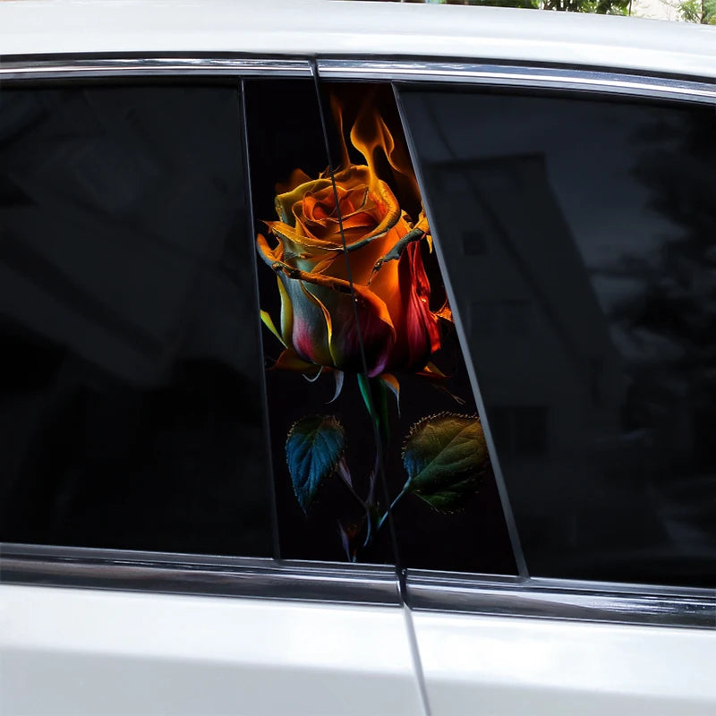 2pcs Flame Rose Car Door Pillar Decal Custom Car B-Pillar Sticker Vinyl Waterproof Flower Sticker Covering Scratched Car Sticker