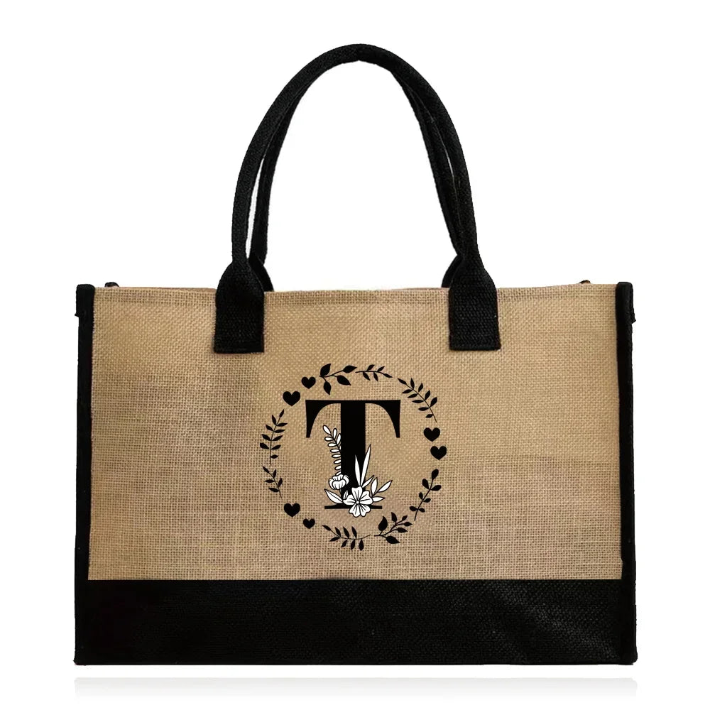 Shopping Bag Burlap Tote Bag Jute Bags Lightweight Handbag Portable LargeCapacity Women Grocery Organizer Garland Letter Pattern
