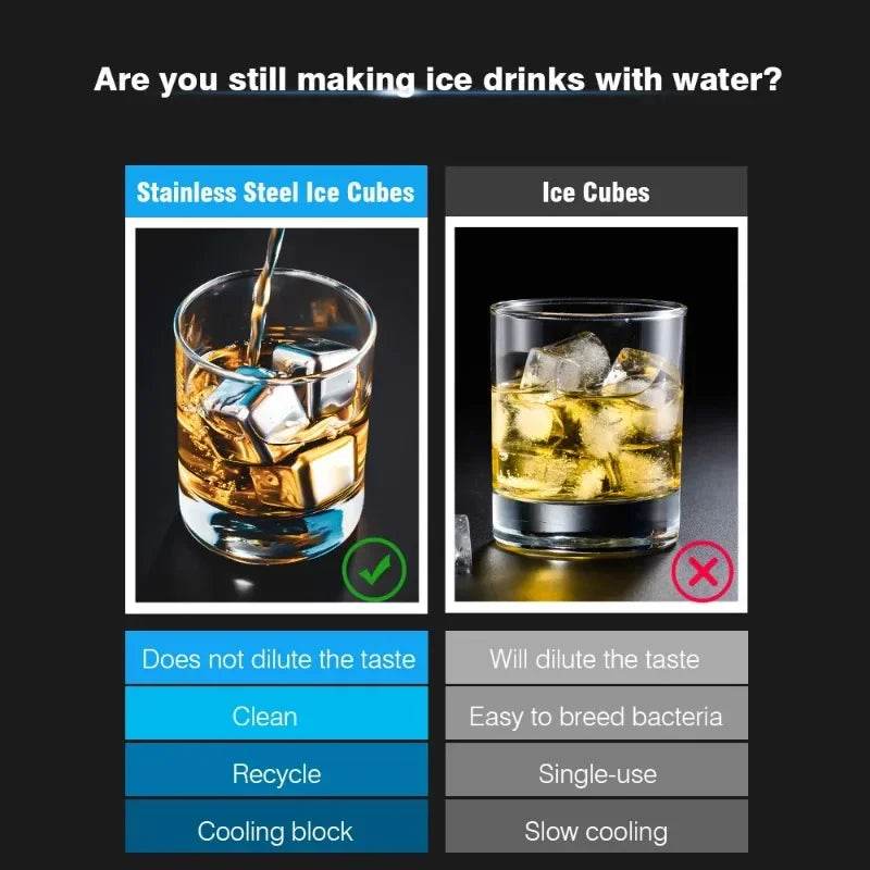 304 Food Stainless Steel Ice Cubes Set Reusable Chilling Stones for Whiskey Wine Cooling Cube Rock with Tongs Kitchen Bar Tools - P12 Hub Europe