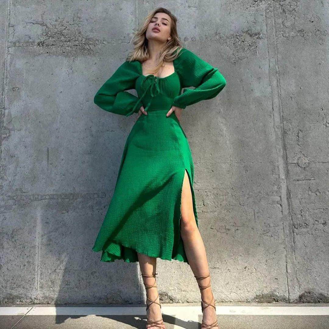 Lace-Up Square Collar Midi Dress Lantern Sleeve Sexy Slit - P12 Hub Europe