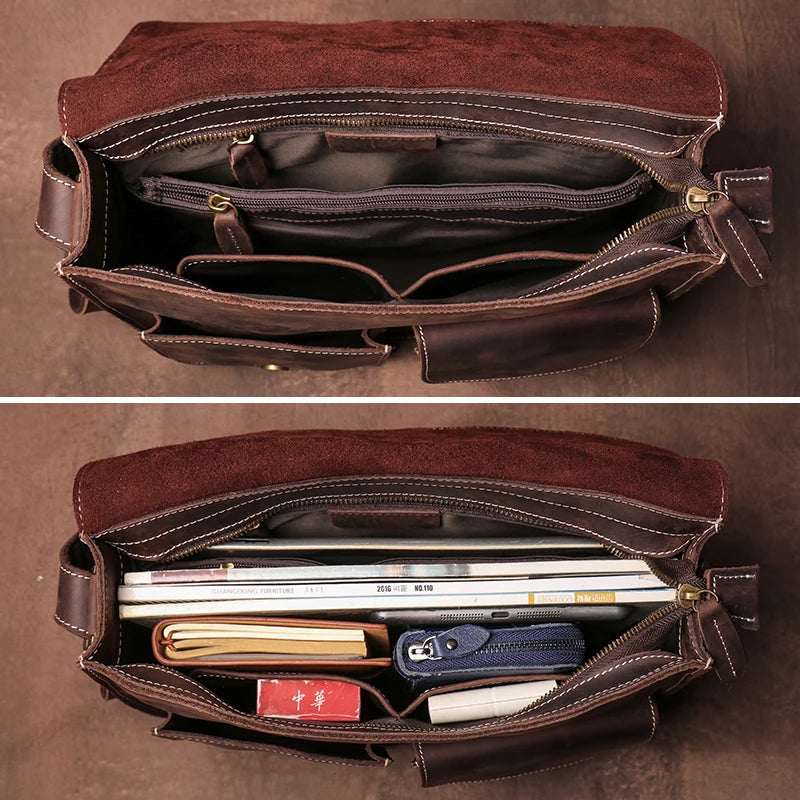 GURO Vintage Deluxe Leather Messenger Bag High Quality Crazy Horse Cowhide Shoulder Sling Bag Weekend Crossbody For 12 Inch Ipad