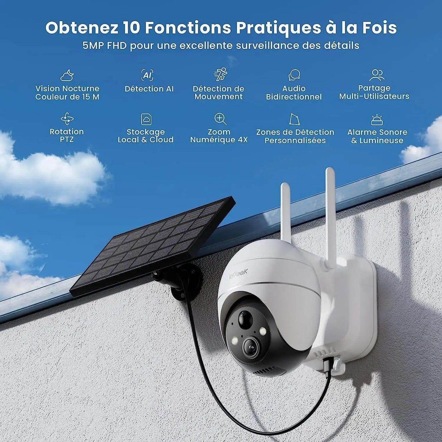 Outdoor Camera WiFi 5MP Solar 360°, PIR Detect, Color Night - P12 Hub Europe
