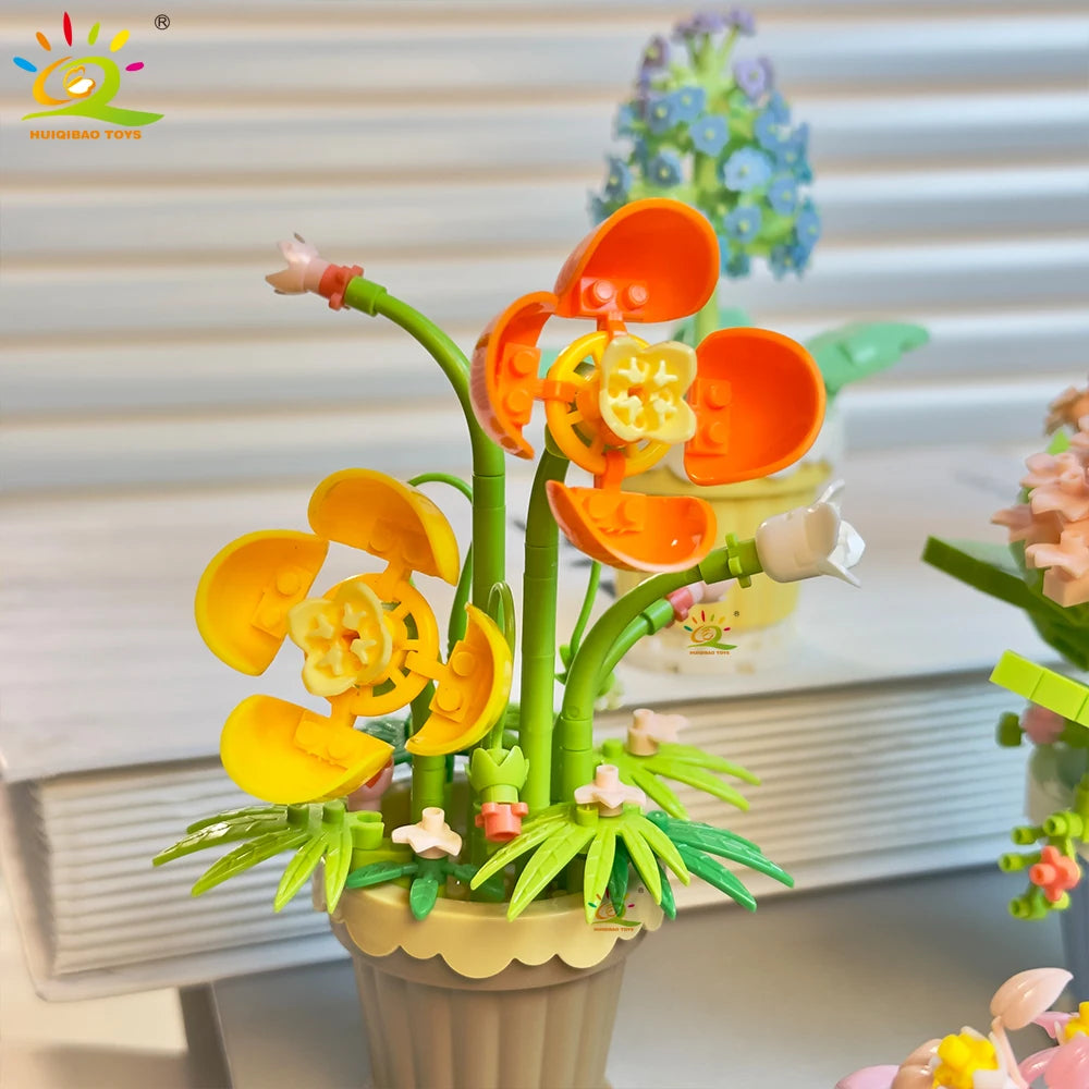 HUIQIBAO MOC Eternal Bouquet Micro Building Blocks Flower Model DIY Home Desk Plant Decoration Assemble Brick Toy For Children