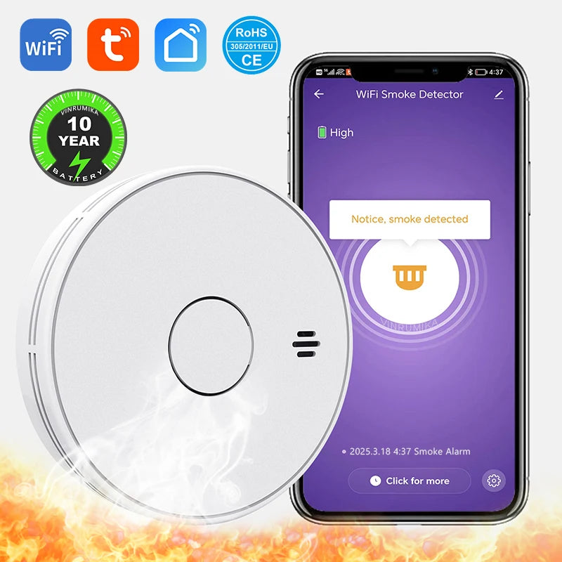 Super Thin WiFi Tuya Smart Smoke Detector Built-in 10 Year Battery Home Safety Parlor Child Room Shop Fire Sound Alarm Sensor