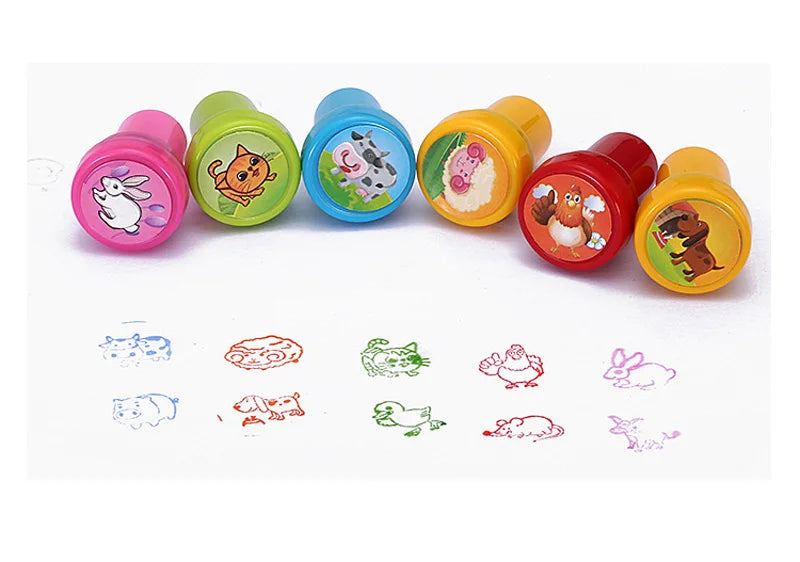 10Pcs/Set Children Stamps Toy Cartoon Animals Dinosaur Fruits Pattern Seal for Kids DIY Painting Toys