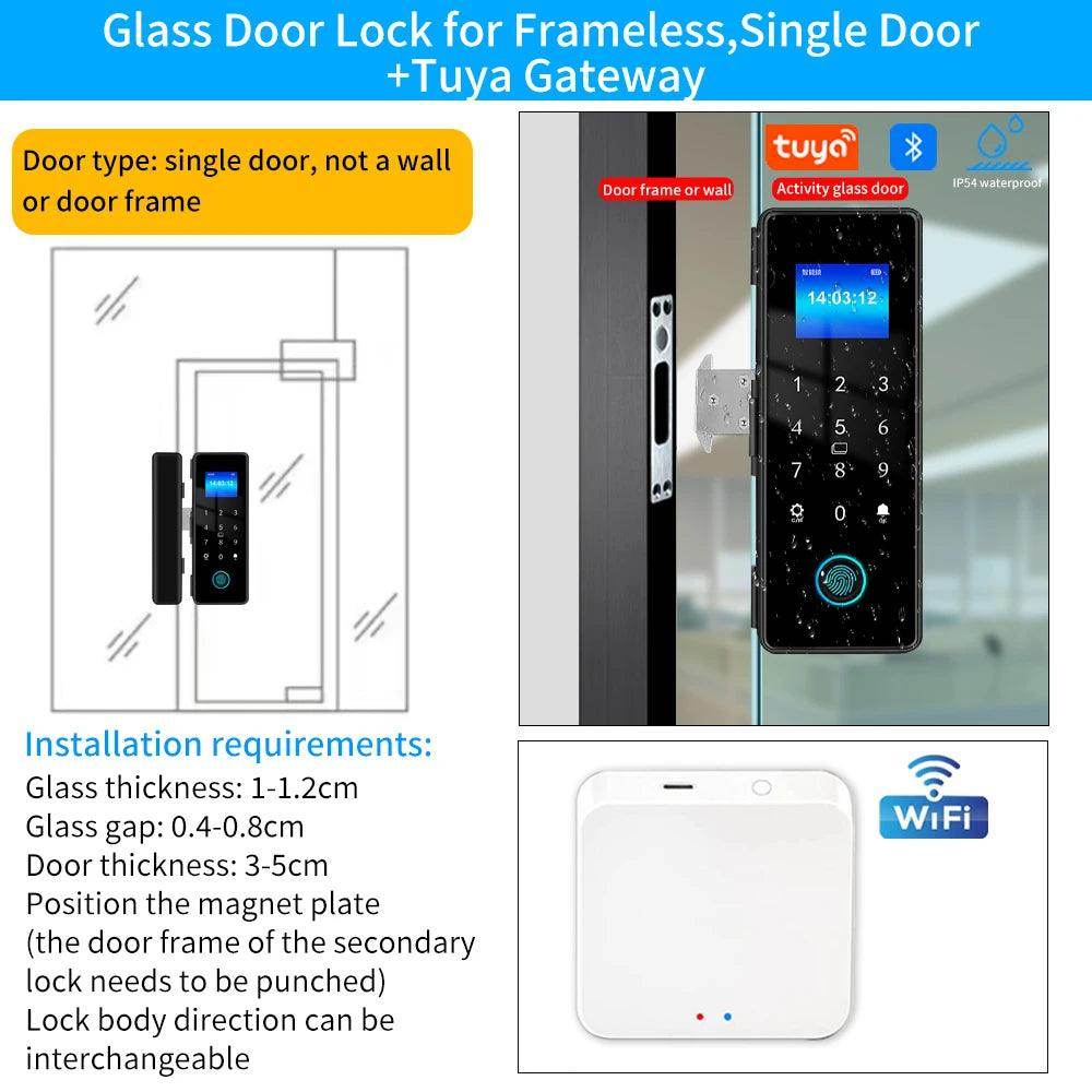 Glass Door Lock Bluetooth IP54, Fingerprint, Card, Code, App - P12 Hub Europe