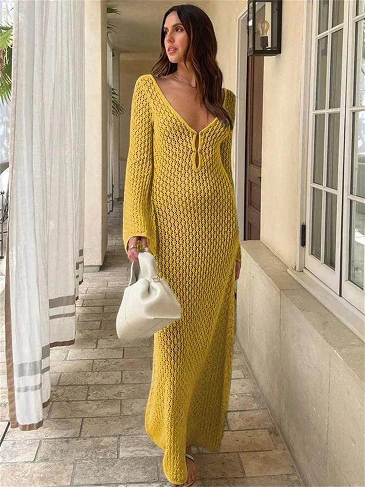 Knitted Crochet Cover-Up Maxi Dress Backless V-Neck Beach - P12 Hub Europe