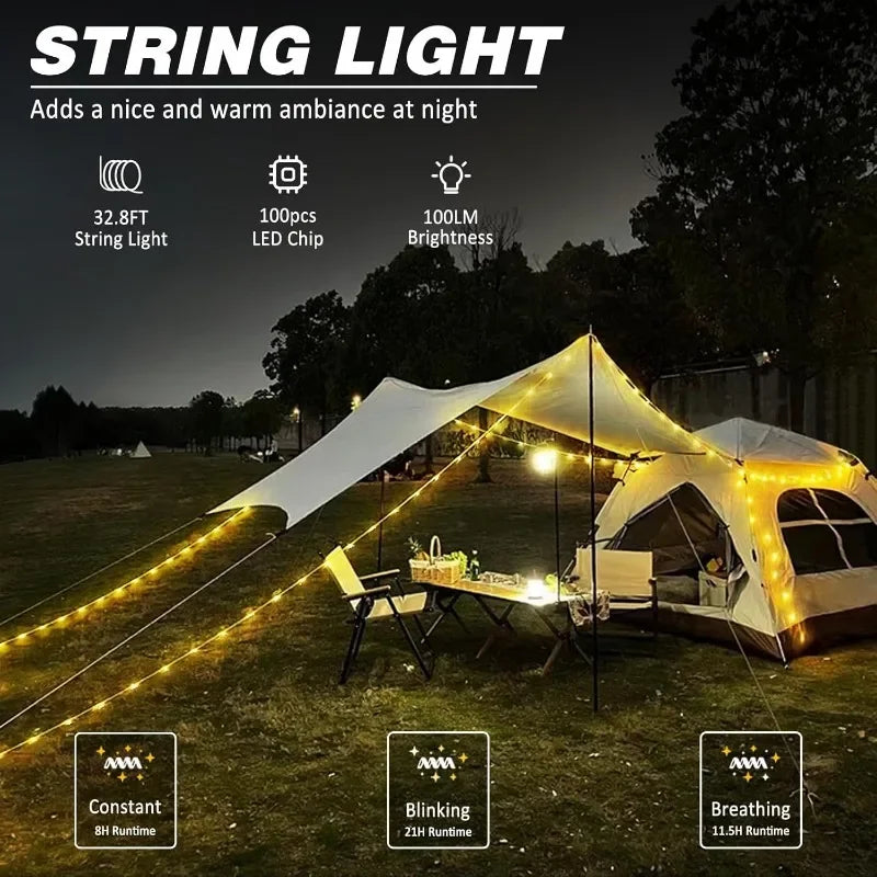 Camping String Light,32.8FT Warm Light Rechargeable Waterproof LED Hanging Light for Camping Tent Garden Party Festival Decor
