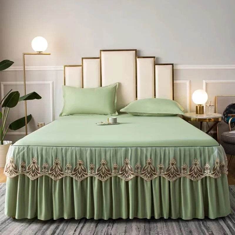 3pcs Set Raw Cotton Soft Bedspread Bed Romance Dust Protector Cover Embroidery Lace Edge Bed Skirt with 2pcs Pillowcase - P12 Hub Europe