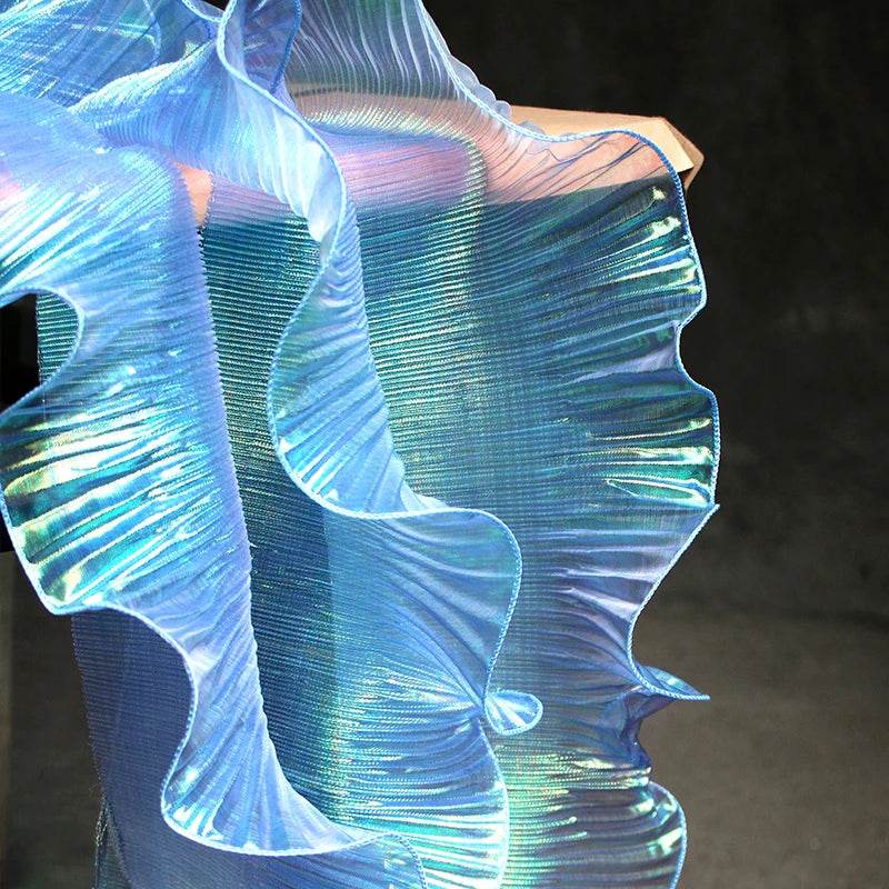 1 Yard Blue Lace Fabric Pleated Mermaid Effect Laser Neon Luster For Women Dress 15CM Wide - P12 Hub Europe