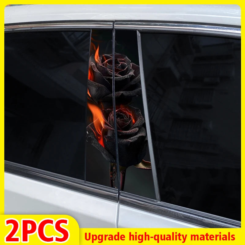 2pcs Flame Rose Car Door Pillar Decal Custom Car B-Pillar Sticker Vinyl Waterproof Flower Sticker Covering Scratched Car Sticker