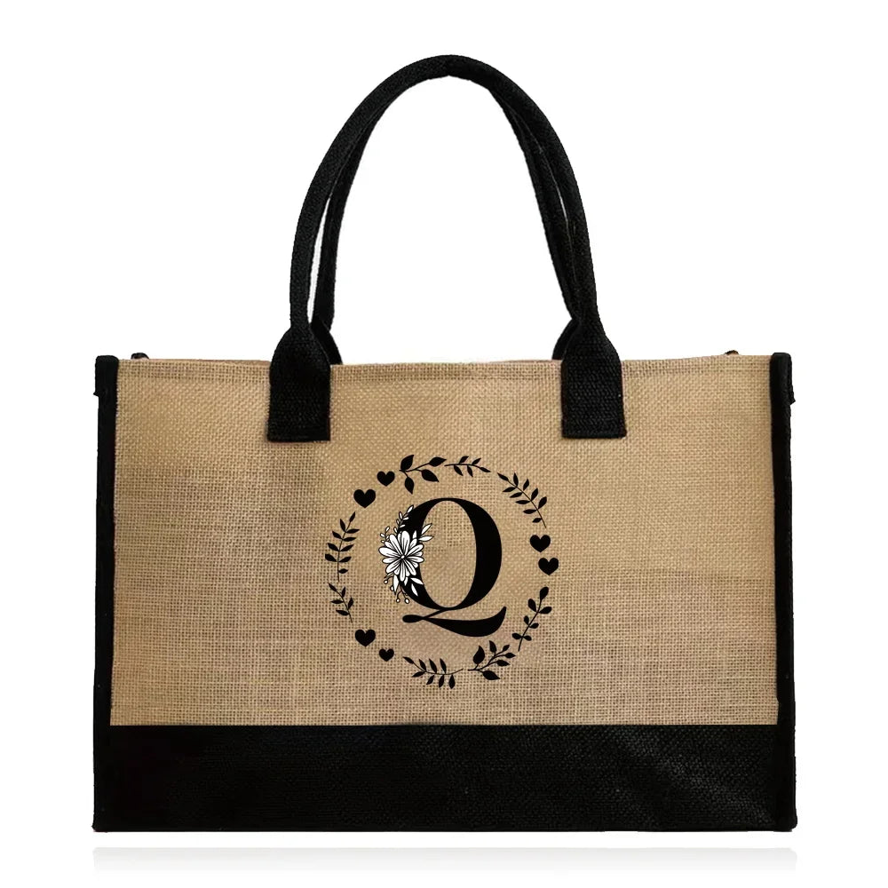 Shopping Bag Burlap Tote Bag Jute Bags Lightweight Handbag Portable LargeCapacity Women Grocery Organizer Garland Letter Pattern