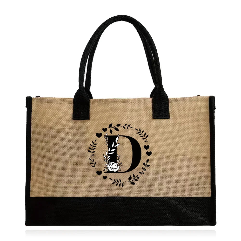 Shopping Bag Burlap Tote Bag Jute Bags Lightweight Handbag Portable LargeCapacity Women Grocery Organizer Garland Letter Pattern