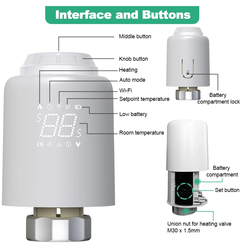 Tuya Smart Home Zigbee 3.0 Smart Thermostatic Radiator Valve Head Zigbee Thermostatic Valves TRV Compatible Google Home Alexa