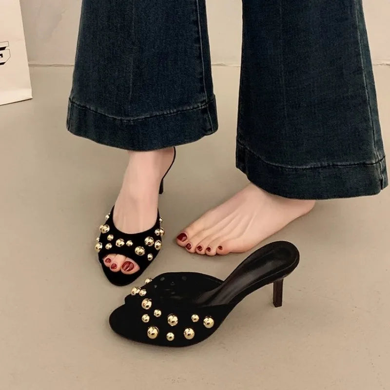 Studded Peep Toe Mules Stiletto Slip On Gold Rivets Decor Classic Sexy Women Summer Sandals Dress Party Daily Casual Single Shoe