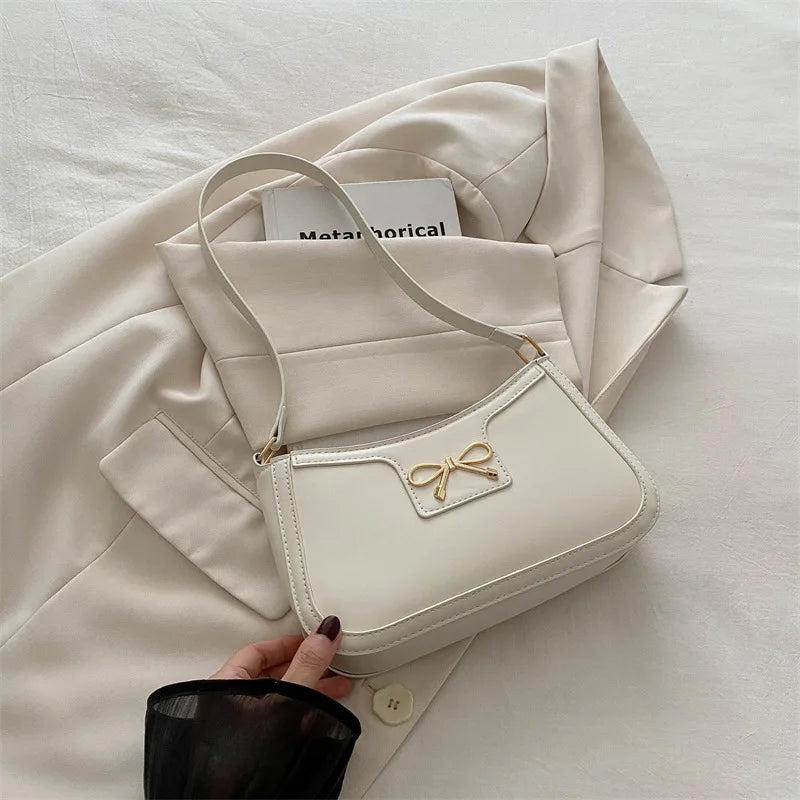 Stylish Shoulder Bag with Metal Bow Decoration, Versatile Underarm Bag, Classic Brown and Black Baguette Bag for Women Daily Use
