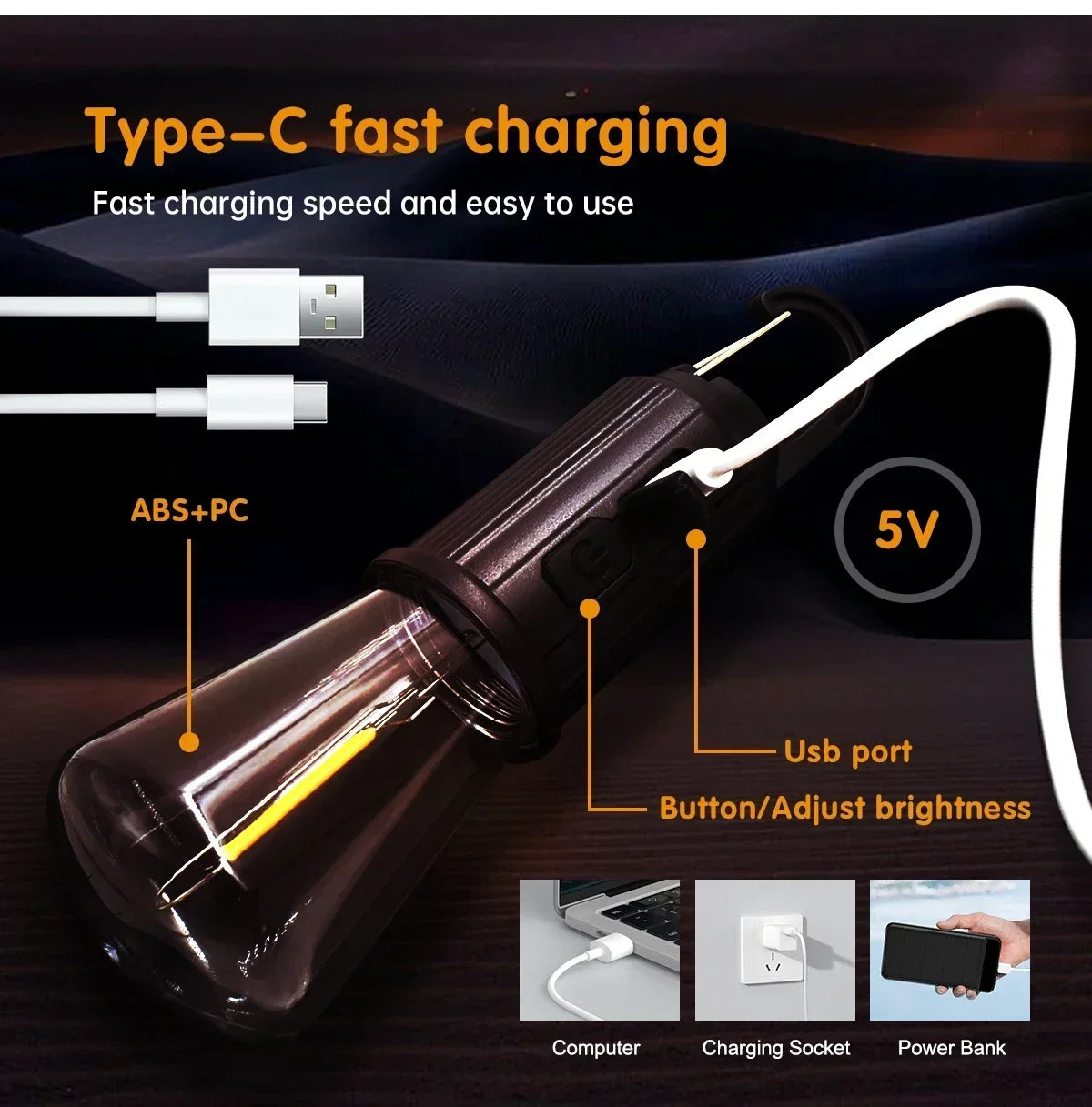 Portable LED Camping Light Type-C Charging Warm Light Camping Lamp with Hook Waterproof Lighting Lantern for Hiking Fishing