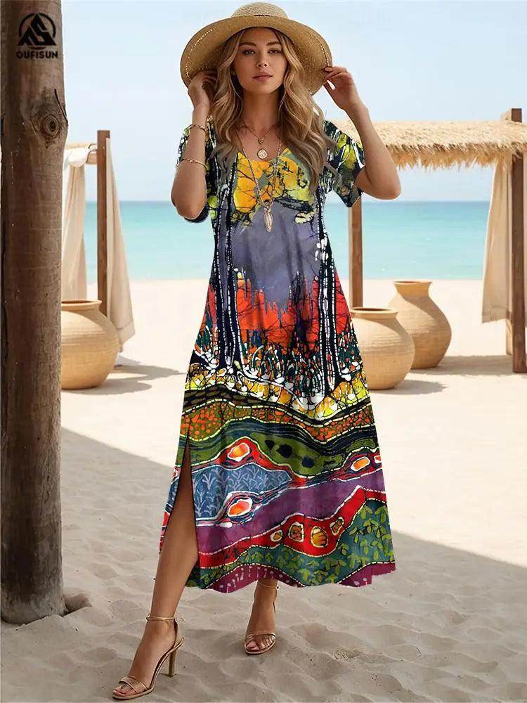 Marble Patchwork Boho Maxi Dress Slit Short Sleeve - P12 Hub Europe