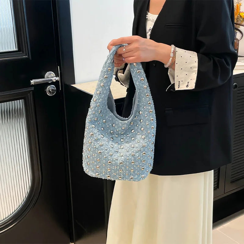 Denim Sequin Rivet Underarm Shoulder Bag,Vintage Metal Stud Motorcycle Style Handbag,Designer Blue Chic Women Bucket Tote Bags