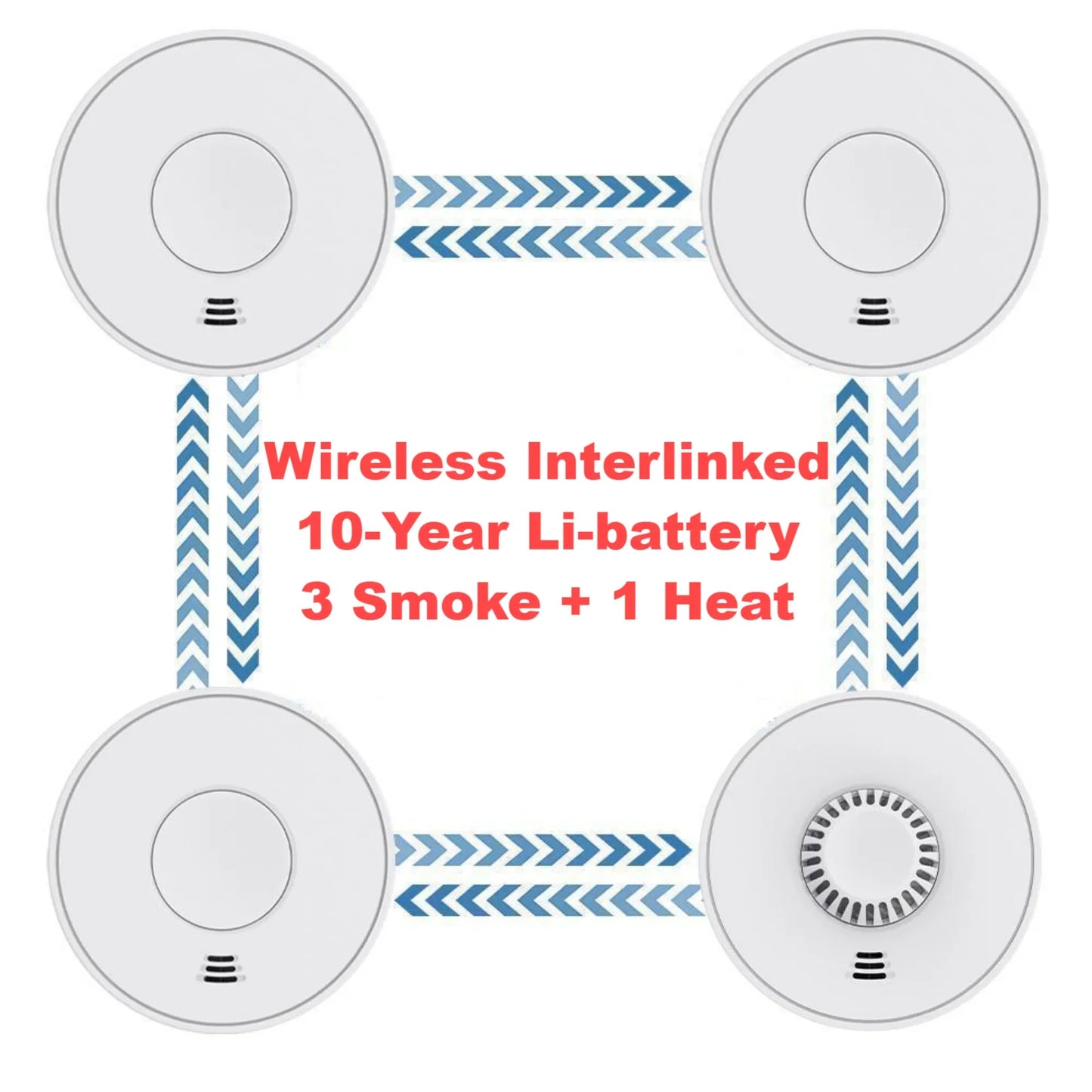 Wireless Interlinked Smoke and Heat Alarm with 10-Year Sealed Li-Battery, Smoke and Heat Alarm for Home, CE, (3 Smoke & 1 Heat)