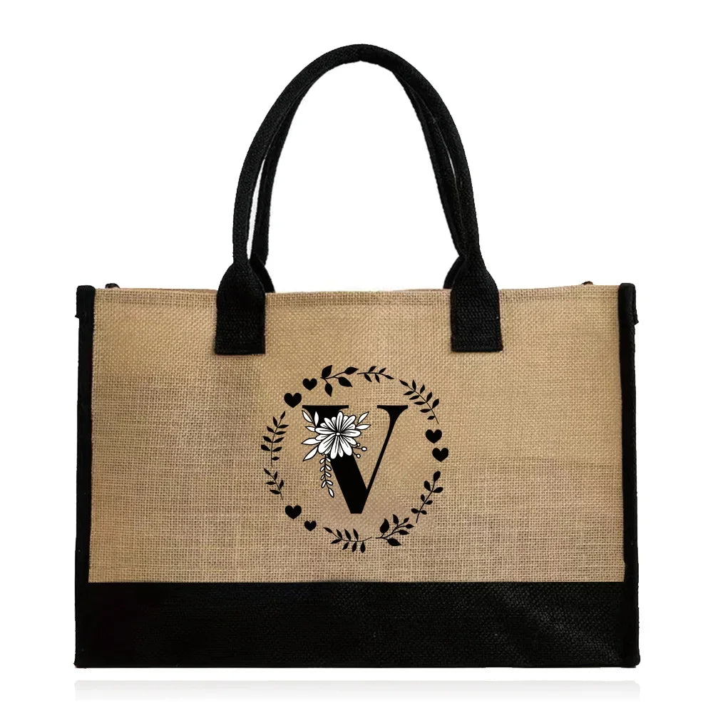 Shopping Bag Burlap Tote Bag Jute Bags Lightweight Handbag Portable LargeCapacity Women Grocery Organizer Garland Letter Pattern