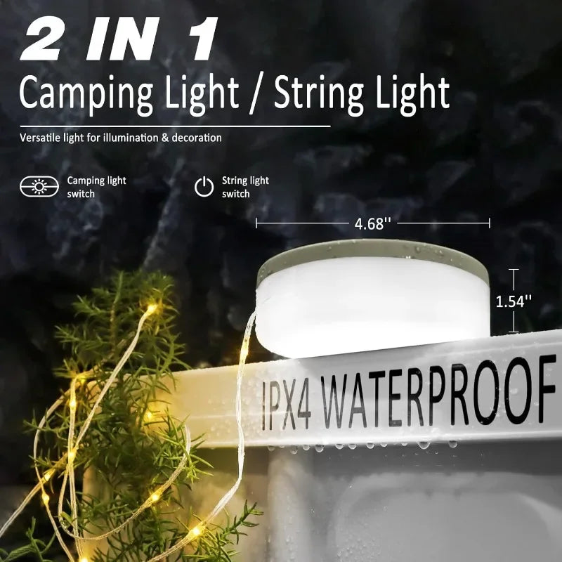 Camping String Light,32.8FT Warm Light Rechargeable Waterproof LED Hanging Light for Camping Tent Garden Party Festival Decor