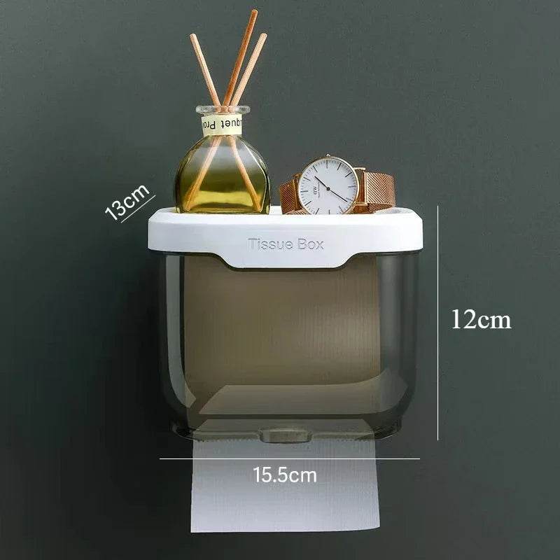 Wall Mounted Toilet Paper Holder Waterproof Tissue Box with Shelf Bathroom Organizer Kitchen Multi Purpose Storage Dispenser - P12 Hub Europe