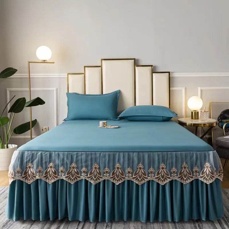 3pcs Set Raw Cotton Soft Bedspread Bed Romance Dust Protector Cover Embroidery Lace Edge Bed Skirt with 2pcs Pillowcase - P12 Hub Europe