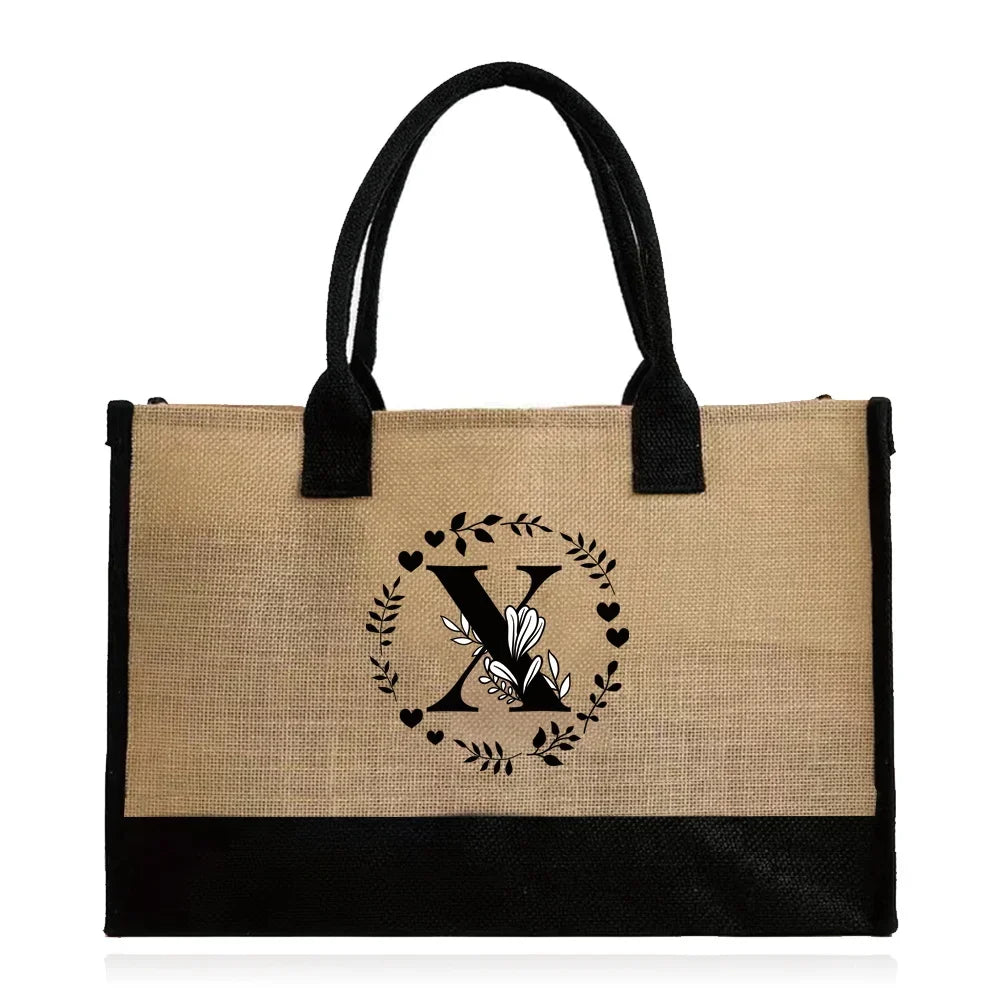 Shopping Bag Burlap Tote Bag Jute Bags Lightweight Handbag Portable LargeCapacity Women Grocery Organizer Garland Letter Pattern