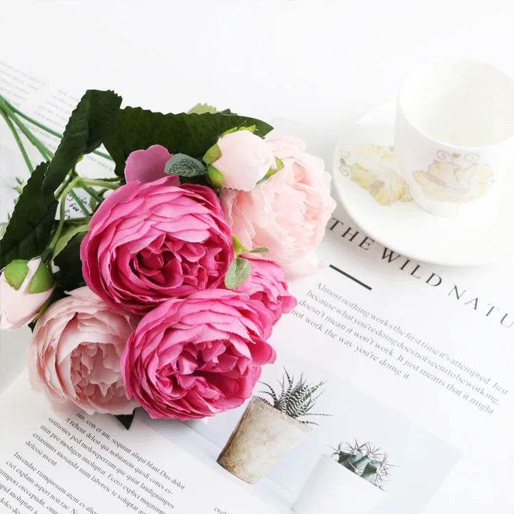 1 Bundle Artificial Roses Flowers Silk Peony Bouquet Home Decoration Accessorie Wedding Party Scrapbook Fake Plants Diy Pompons - P12 Hub Europe