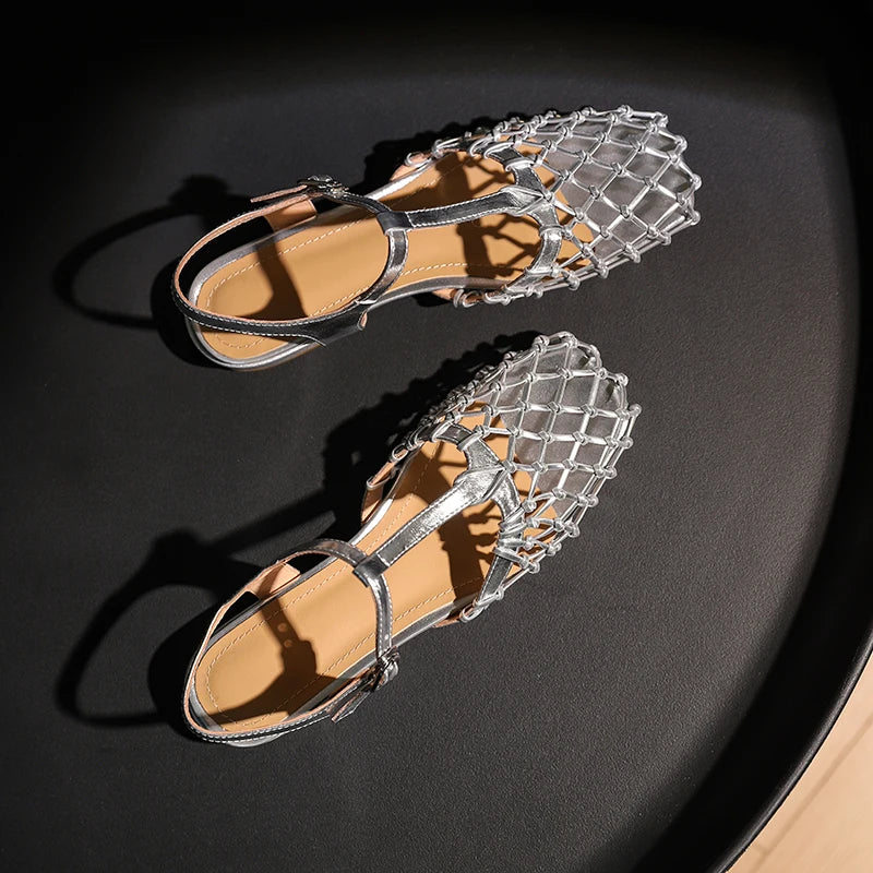 Women Weave Mesh Sandals Square Toe Low Heels Mules Shoes Open Toe Woman Summer 2025 Trend Dress Chunky Designer Pumps Mujer