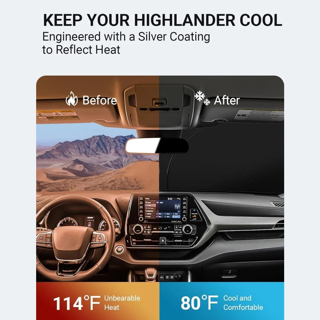 Upgraded Sunshade for 2020-2025 Toyota Highlande Windshield UV Protection Fabric Metal Frame Full-Size Foldable Front Sun Shade