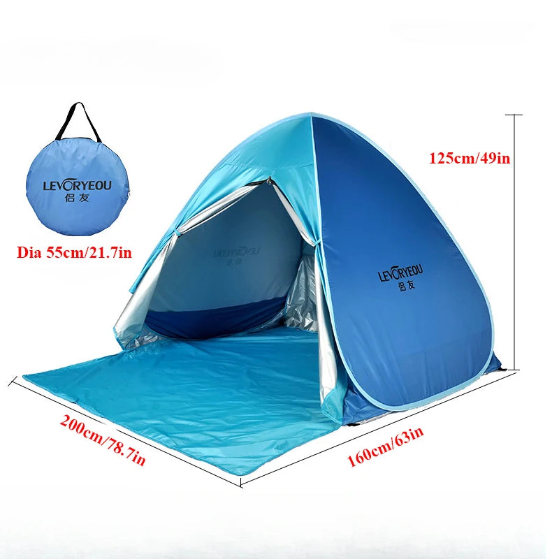 2Second Quick Open Fully Automatic Beach Tent 200*165*125cm UV Protection Sunshade Pop Up Waterproof Silver Coated Steel Pole
