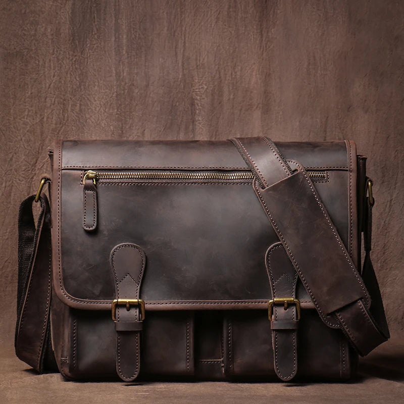 GURO Vintage Crazy Horse Leather Messenger Bag Men's Genuine Luxury Sling Shoulder Bag Office Briefcase Crossbody 12.9 Inch Ipad
