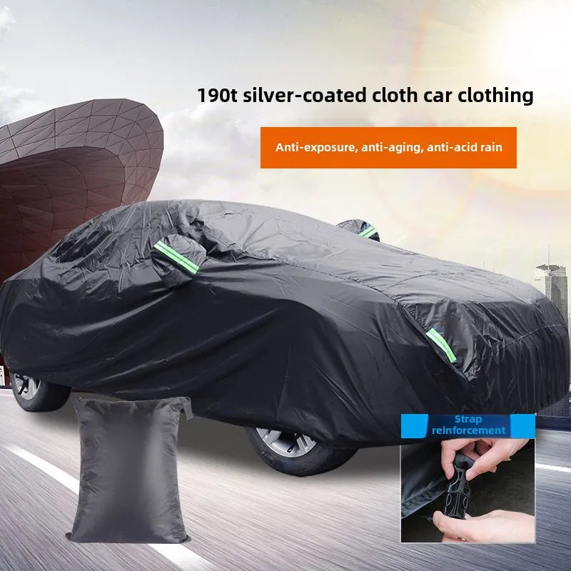 Black Silver Coated Rainproof Sunscreen Reflective Strip Outdoor Sunshade Dust Proof Protection Hatchback Sedan SUV Car Cover