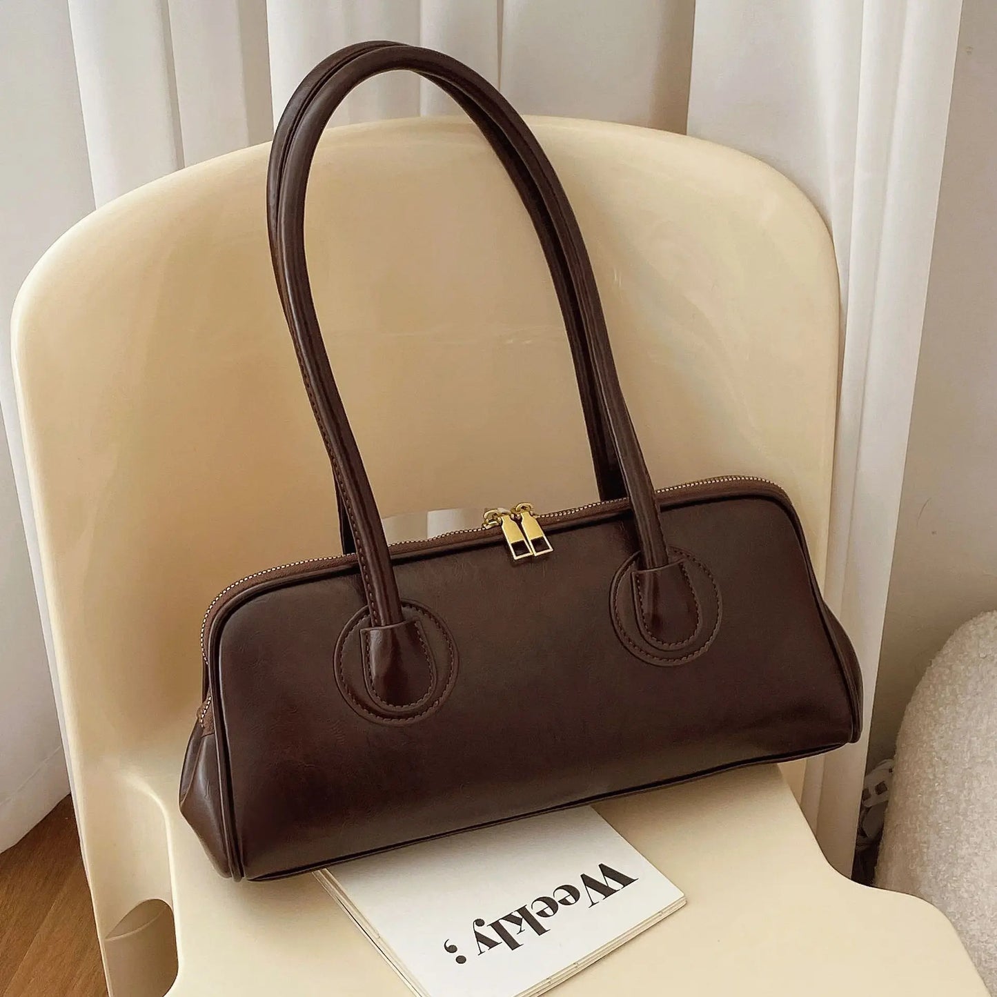 Fashion Portable Baguette Bag Retro High-quality Pu Large-capacity Bowling Underarm Shoulder Bag Niche Design Light Luxury