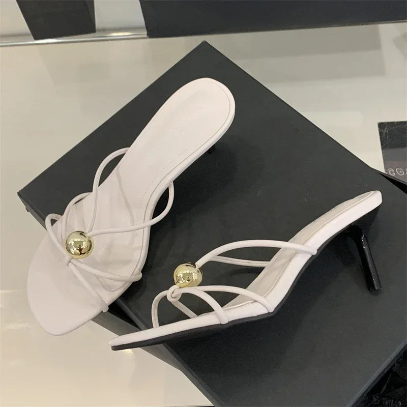Aneikeh Fashion Low Thin Heels Design Narrow Band Women Slippers Narrow Band Round Head Sandal Mules Slides Shoes Zapatos Mujer