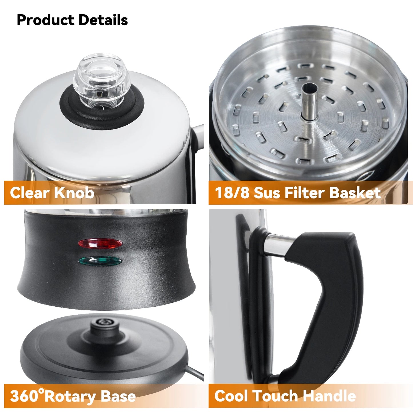 Coffee Percolator Pot Electric Stainless Steel Geyser Coffee Maker 12 Cups Drip Kettle Espresso Machine Home Cafe Kitchen Tools