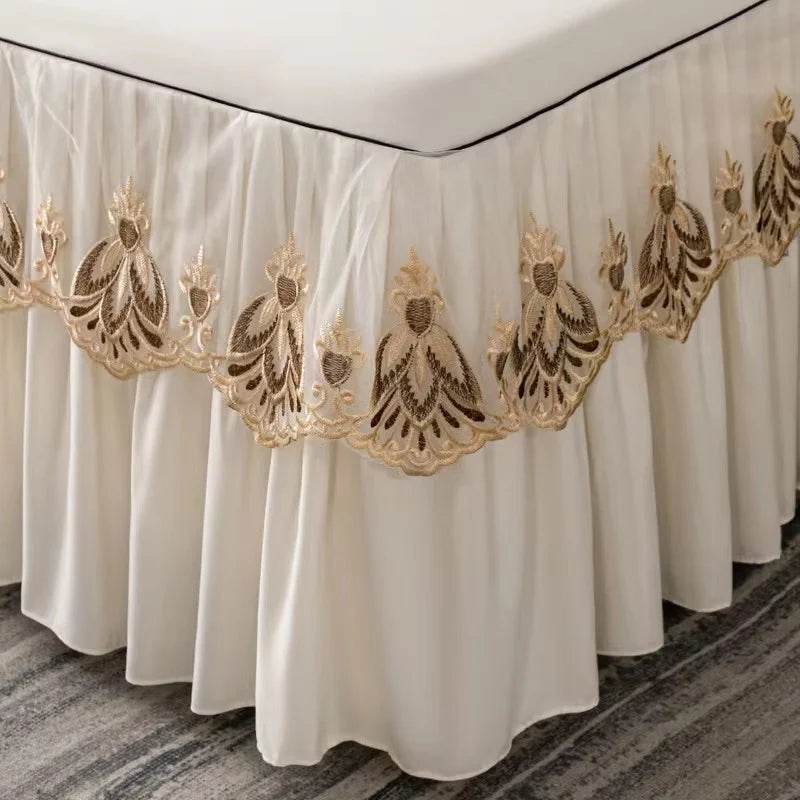3pcs Set Raw Cotton Soft Bedspread Bed Romance Dust Protector Cover Embroidery Lace Edge Bed Skirt with 2pcs Pillowcase - P12 Hub Europe