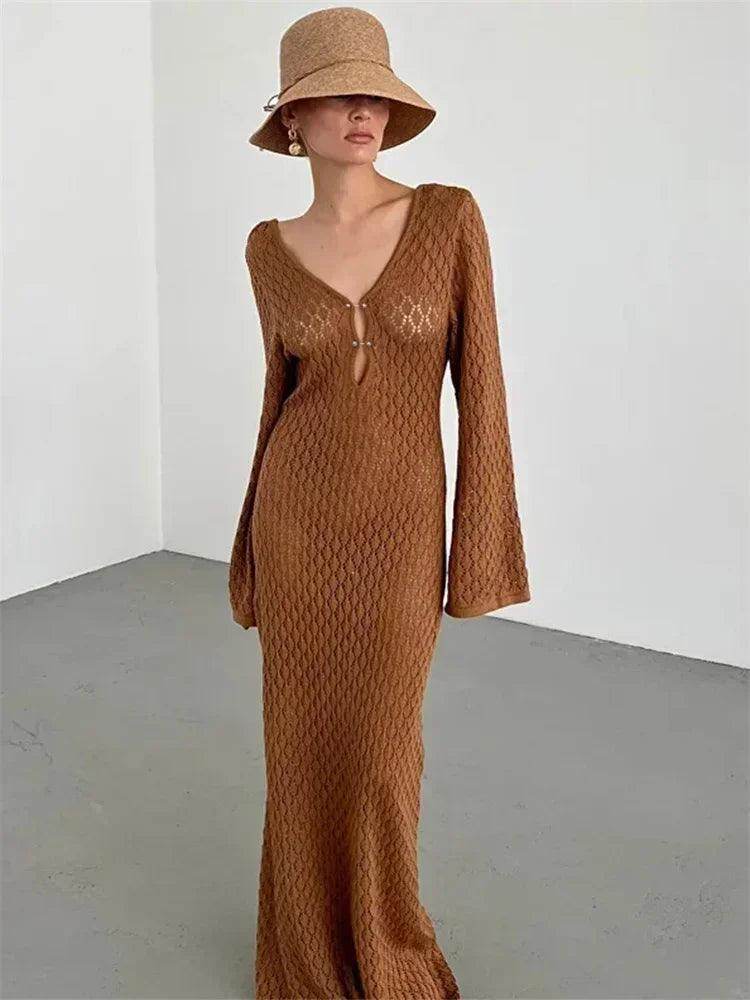 Knitted Crochet Cover-Up Maxi Dress Backless V-Neck Beach - P12 Hub Europe