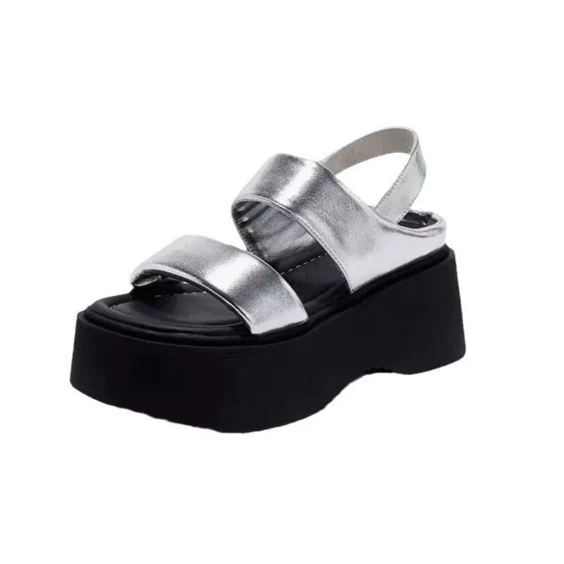 Summer 2025 Chunky Sandals Women's Wedge Heels Slides 8CM High Heels Leather Casual Woman Beach Thick Bottom Flip Flops