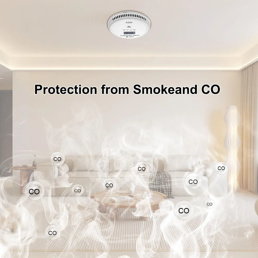 DFA 2 in 1 Standalone Smart Co & Smoke Detector Alarm Carbon Monoxide Parlor Room Kitchen Shop Fire 85 dB Sound Sensor Alert