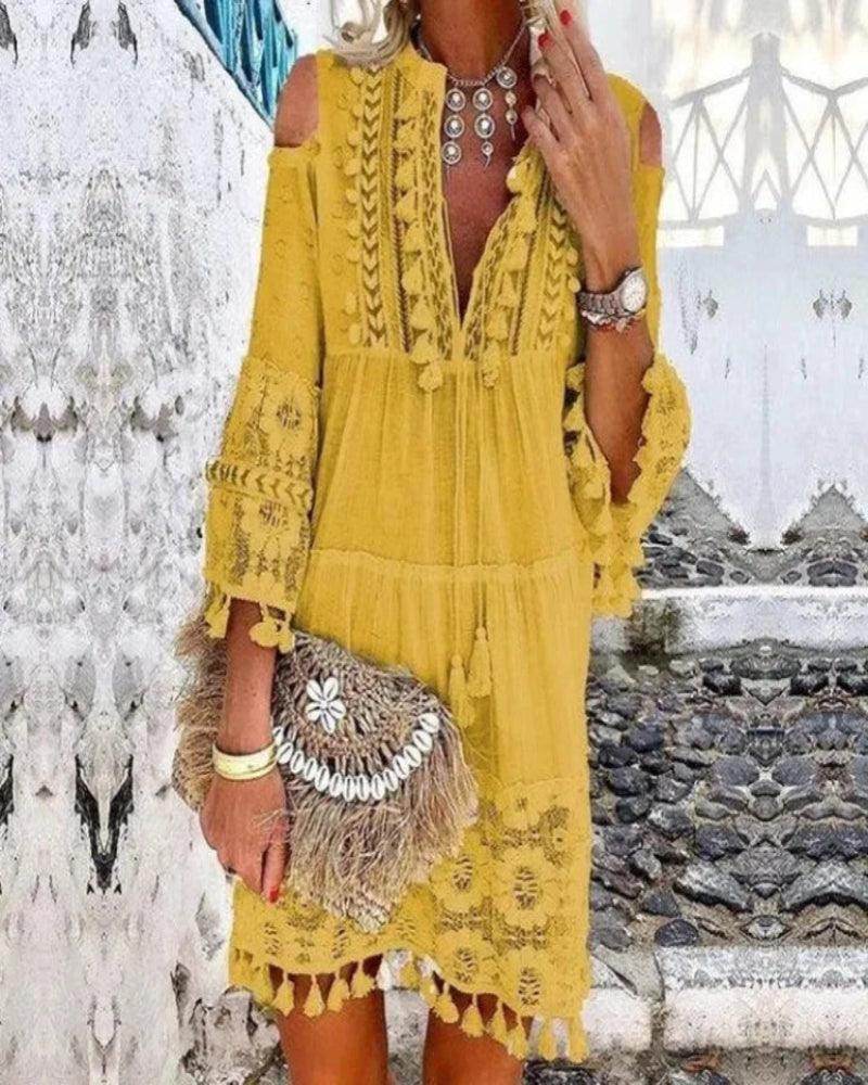 Embroidered Crochet Lace Boho Dress Off Shoulder Ruffle - P12 Hub Europe