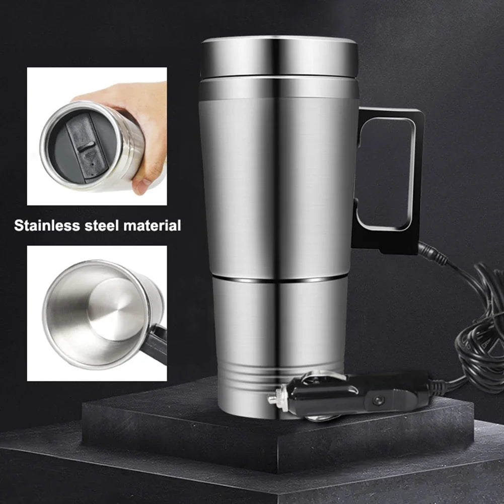 12V 24V Car Electric Heating Cup Travel Kettle Stainless Steel Camping Travel Coffee Milk Thermal Mug Warmer Cup 300/750/1200ML