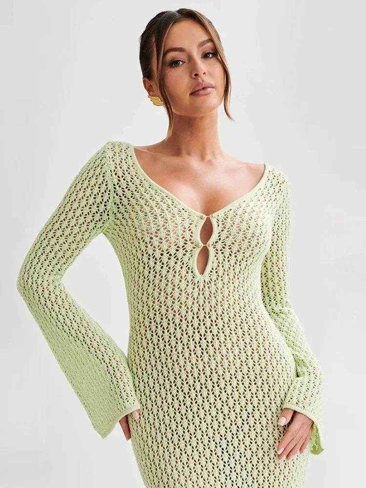 Knitted Crochet Cover-Up Maxi Dress Backless V-Neck Beach - P12 Hub Europe