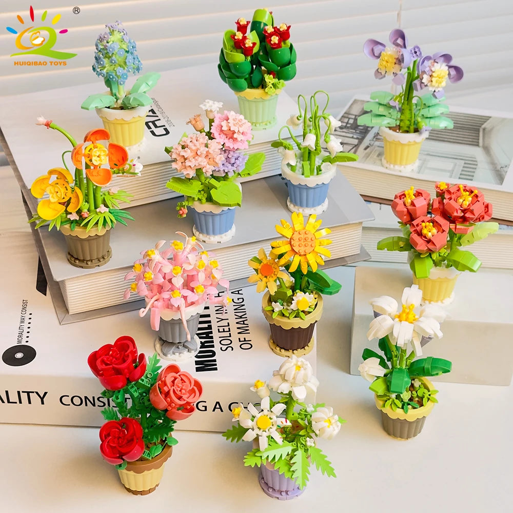 HUIQIBAO MOC Eternal Bouquet Micro Building Blocks Flower Model DIY Home Desk Plant Decoration Assemble Brick Toy For Children