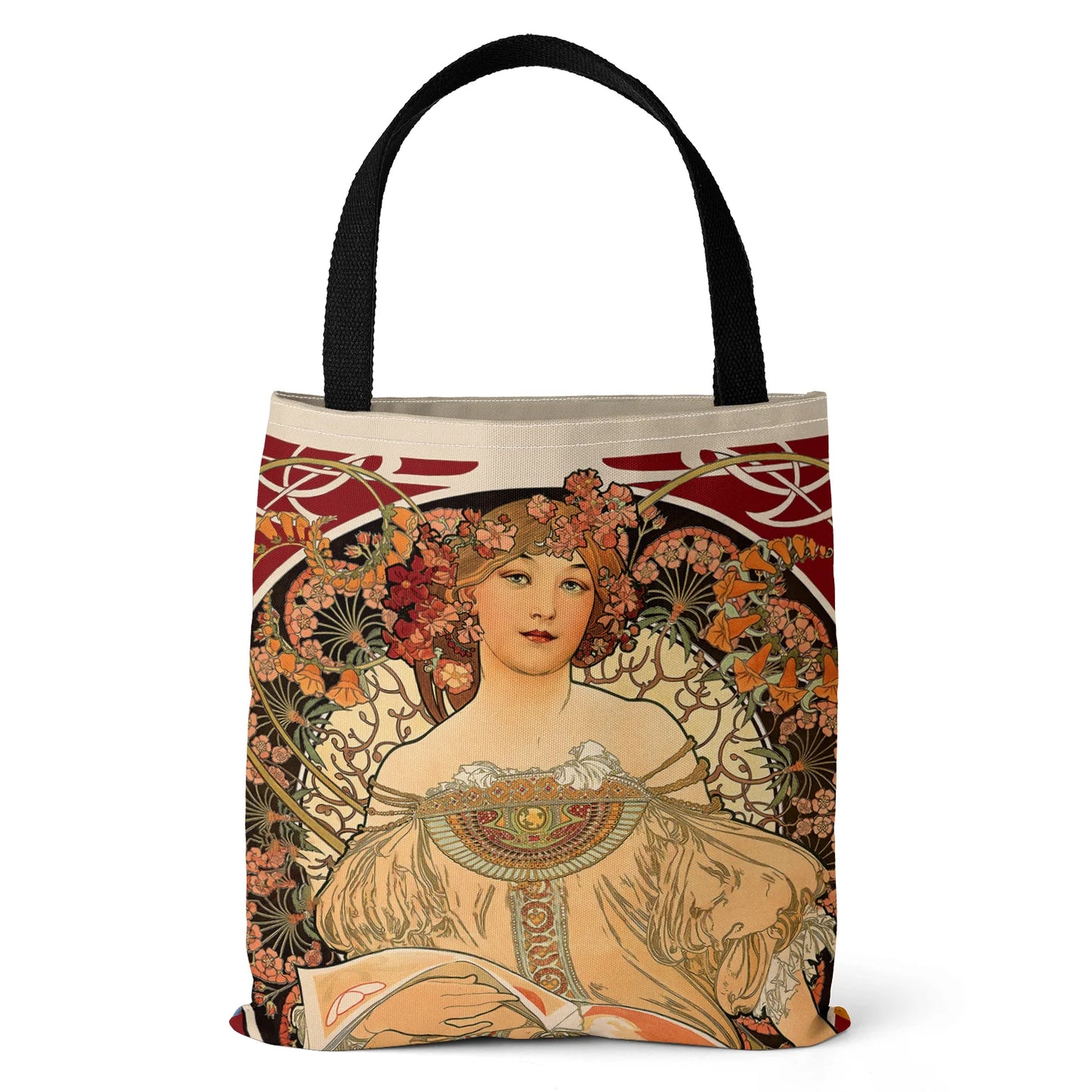 Mucha Series Digital Printed Canvas Bag Open Tote Bag Handbag Retro Canvas Shopping Bag