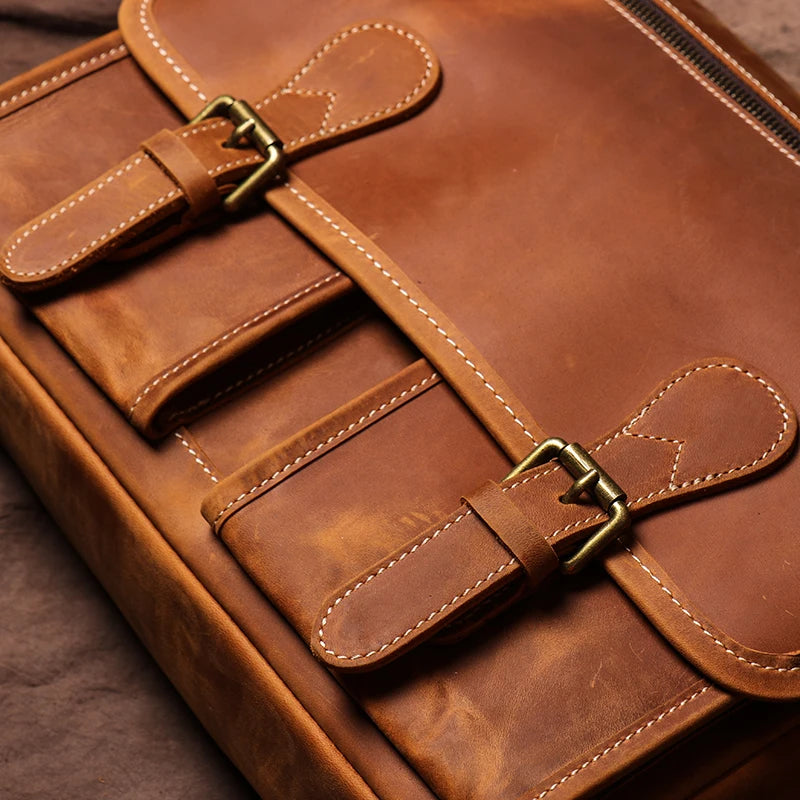 GURO Vintage Crazy Horse Leather Messenger Bag Men's Genuine Luxury Sling Shoulder Bag Office Briefcase Crossbody 12.9 Inch Ipad