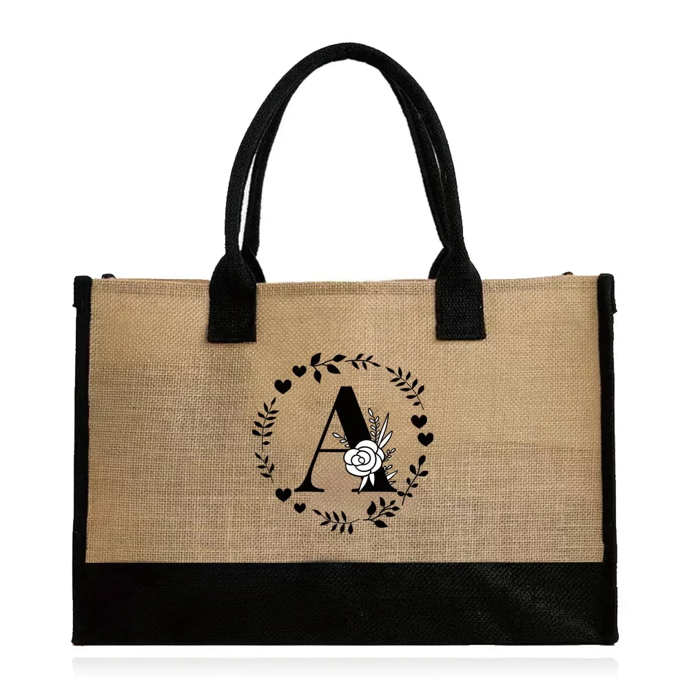 Shopping Bag Burlap Tote Bag Jute Bags Lightweight Handbag Portable LargeCapacity Women Grocery Organizer Garland Letter Pattern