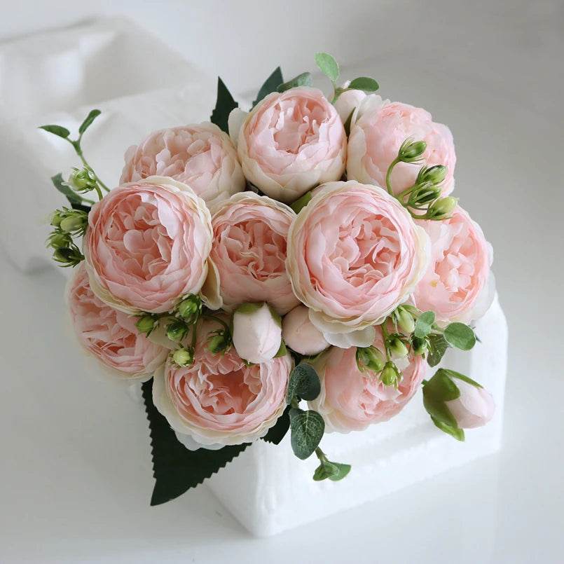 1 Bundle Artificial Roses Flowers Silk Peony Bouquet Home Decoration Accessorie Wedding Party Scrapbook Fake Plants Diy Pompons - P12 Hub Europe
